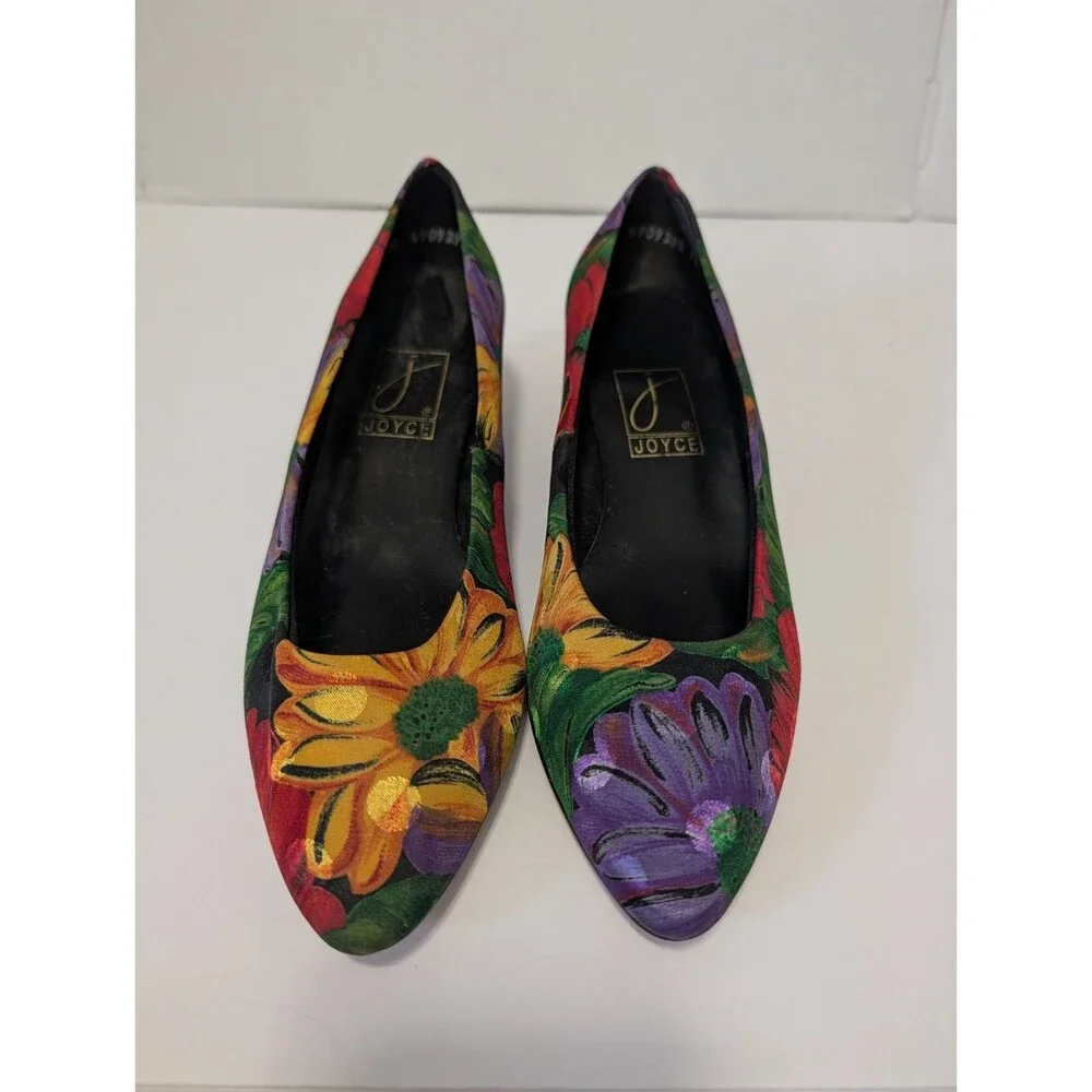 Joyce Women's Vintage Multicolored Silk Floral Heels Size 9 M